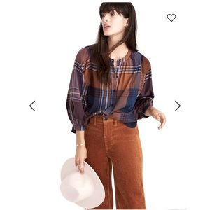 NWT Madewell Women Fall Color Plaid Peasant Top L
